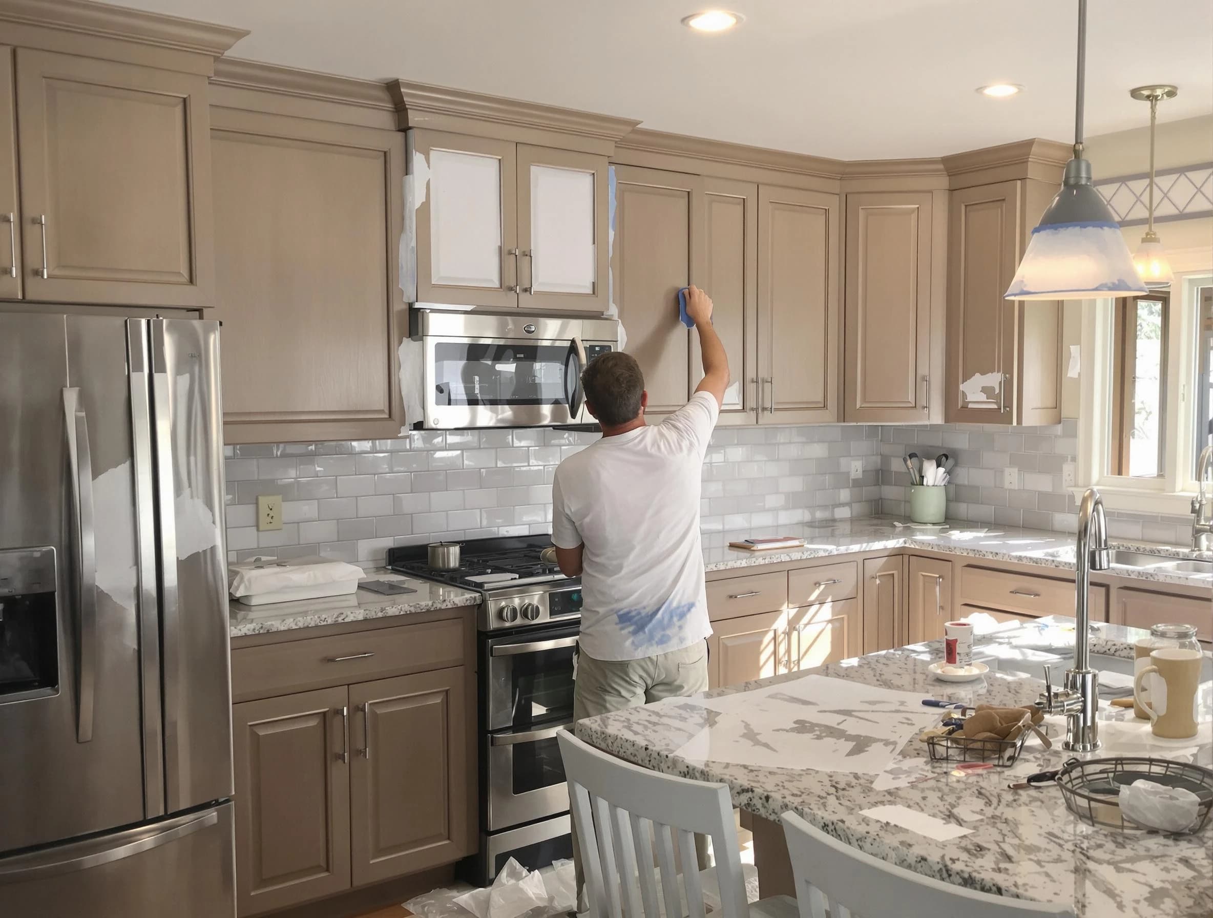 Before-and-after view of kitchen painting by New Franklin House Painters in New Franklin