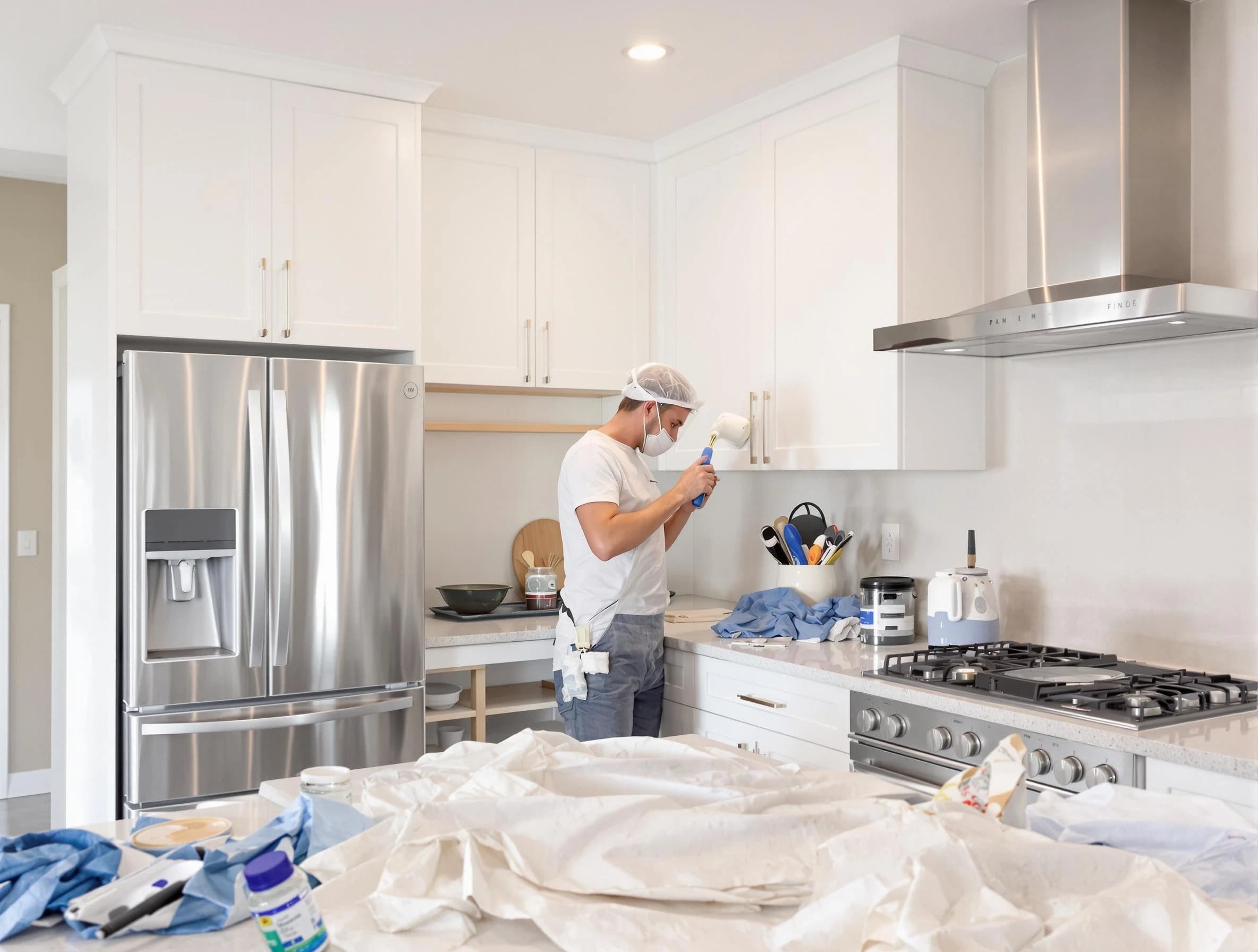 New Franklin House Painters painter applying a fresh coat in a kitchen located in New Franklin, OH